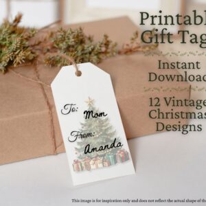 Vintage Christmas Gift Tags – 12 Printable Designs (Instant Download)